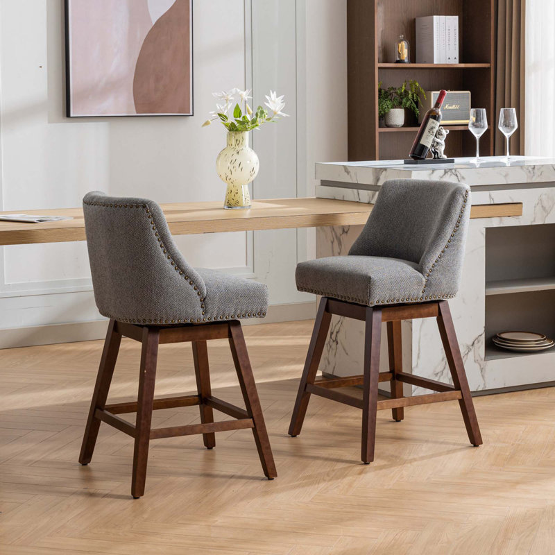 Swivel Fabric Upholstered Wood Bar Stools Set with Back, Gray Polyester