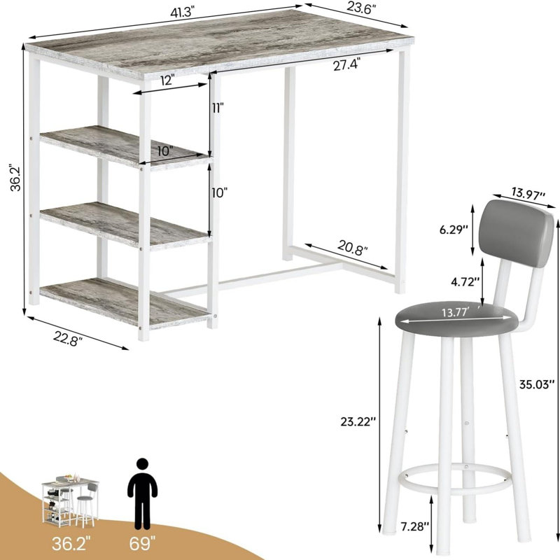 Ensemble de table de salle à manger pour 2, ensemble de 3 tables de bar et chaises, table de cuisine avec 3 tablettes de rangement, 2 chaises rembourrées avec dossier et repose-pieds pour appartement, petit-déjeuner, bar, îlot de cuisine