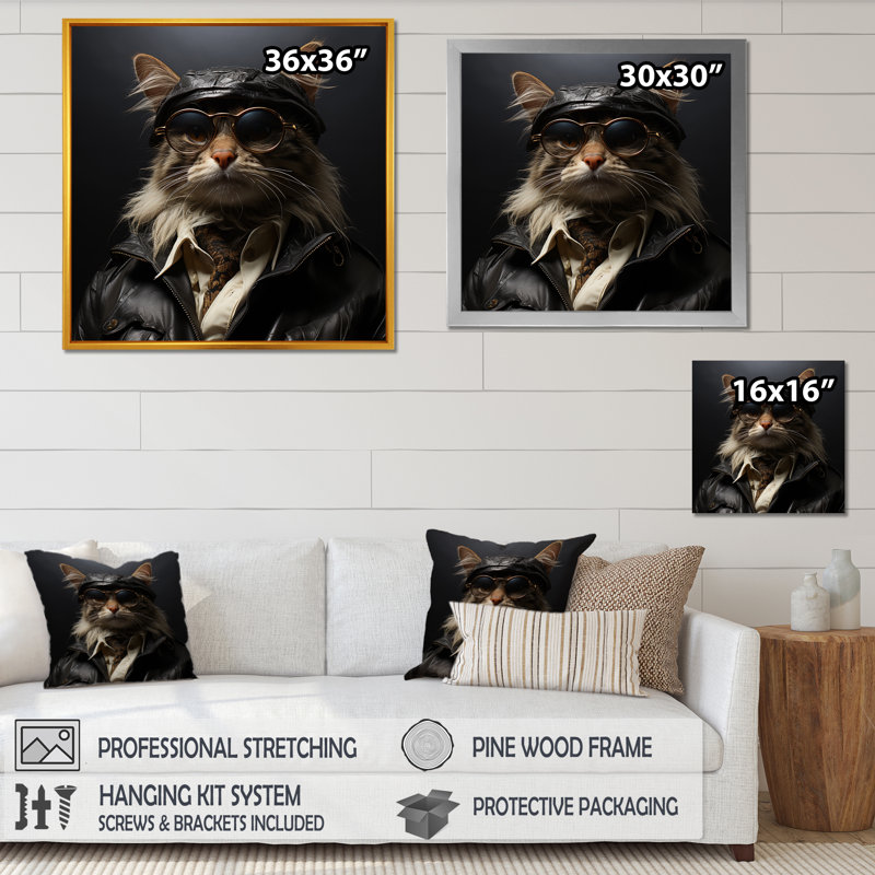 Chat, art mafieux, art mural, Cadre flottant doré, H 16 po x l 16 po x P 1 po