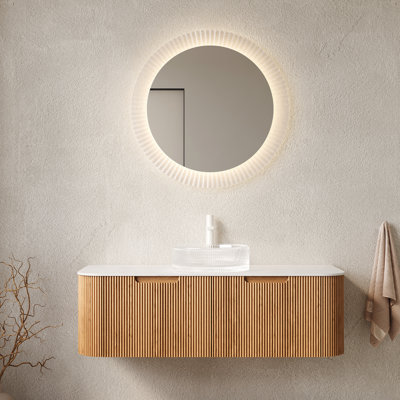 Meuble-lavabo de 122 cm avec lavabo rond en verre transparent, rangement en contreplaqué, 2 tiroirs, système de fermeture amortie, rayures artistiques naturelles, facile à nettoyer