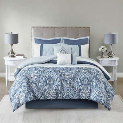8 King Comforter , Blue Print With Embroidery Detail, , 1 Pillow, 2 Decorative Pillows, Washable 8 Piece For Bed, Quilting, Steam Iron