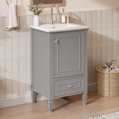 Meuble-lavabo de 20 po avec lavabo en céramique, pieds en bois massif, meuble-lavabo autoportant avec armoire de rangement, portes et tiroirs à fermeture en douceur, support de rangement, gris - céramique, panneau de fibres à densité moyenne, bois d'hévéa