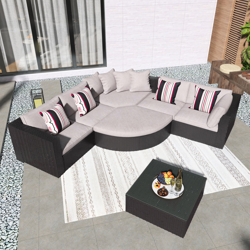 7-Piece Outdoor Wicker Sofa Set, Rattan Sofa Lounger,Removable Tempered Glass Top For The Coffee Table, With Colorful Pillows, Adjustable Feet,Modular Design,Conversation Sofa, For Patio, Garden, Deck, Brown Wicker