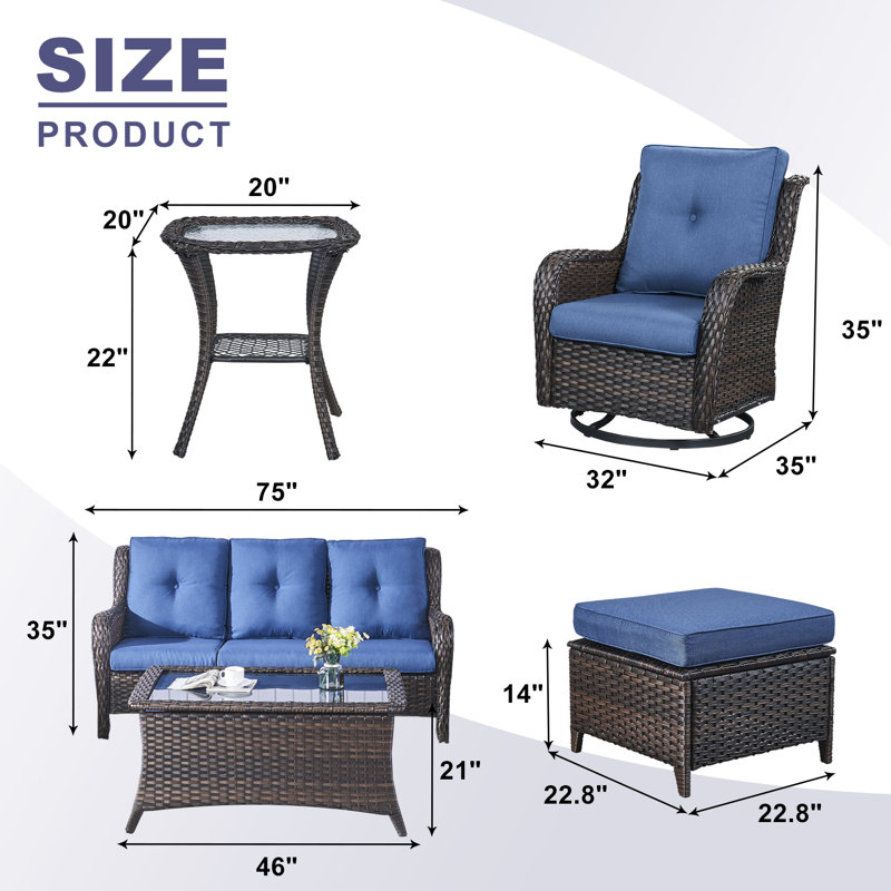 Bonia Wicker 5 - Person Patio Conversation Set with Cushions, Brown, Blue