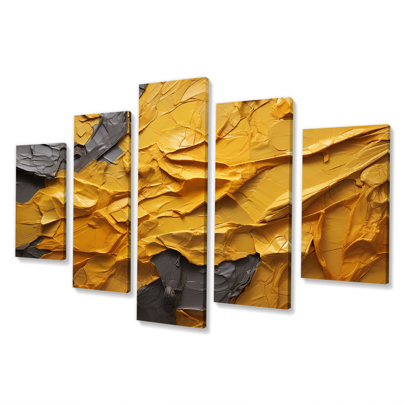 Vibrant solstice jaune moutarde - art mural abstrait pour le salon 5 pièces, H 32 po x l 60 po