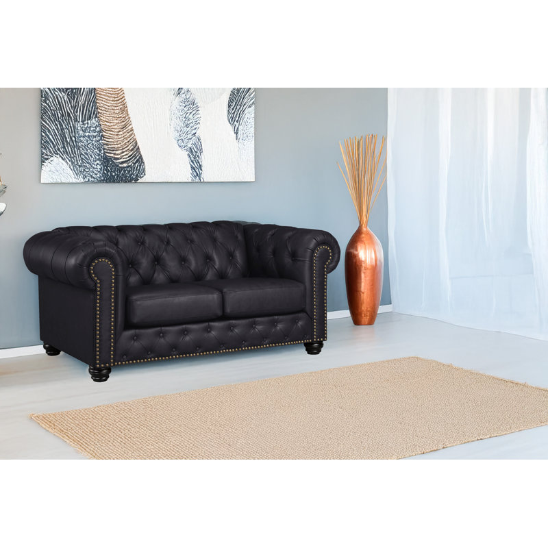 Orner 70" Leather Rolled Arm Loveseat, Black Leather Match