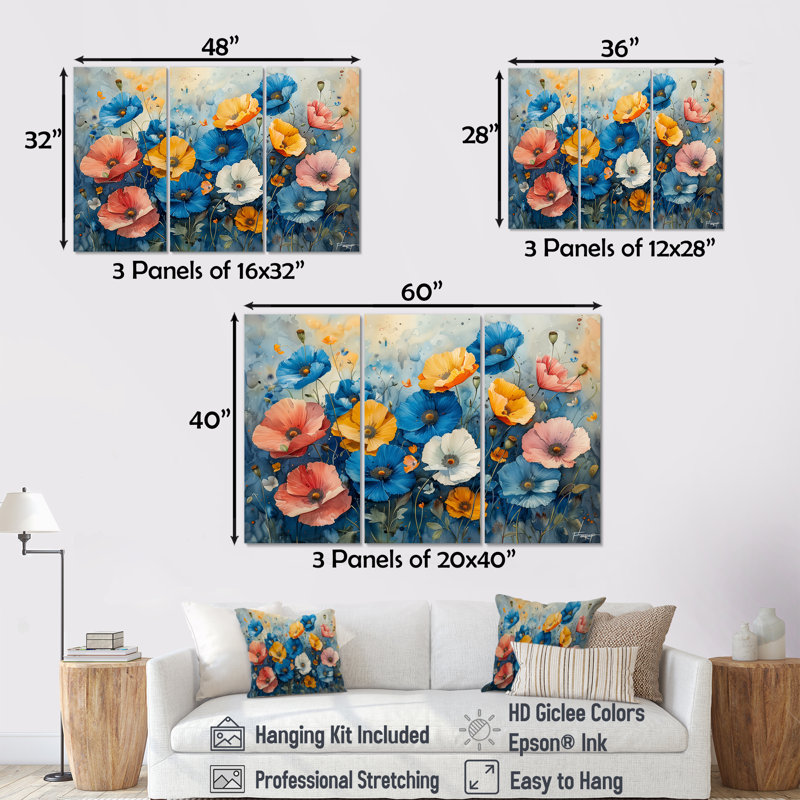 Stockport - ensemble d'art mural coquelicots, H 28 po x l 36 po x P 1 po, Toile tendue