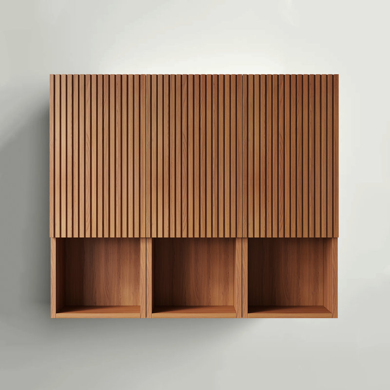 Modern 41.5-Inch Wall-Mounted Walnut Bathroom Vanity,Open Solid Wood Slatted Storage Compartment With Shelf