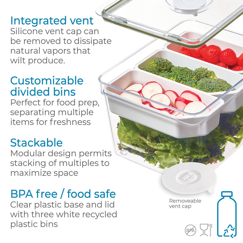 iDesign Large Tall Produce Storage Bin with 3 Movable Dividers, 7.85” L x 10.5” W x 6” H, Clear Bin