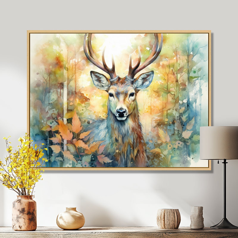 Deer Wonderers I - art mural cerf, H 12 po x l 20 po x P 1 po, Cadre flottant érable