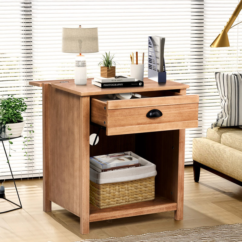 Oak-Colored Nightstand With 1 Drawer And Lower Shelf P2 MDF + Solid Wood Veneer Frame Mid-Century Modern Style 1 Piece