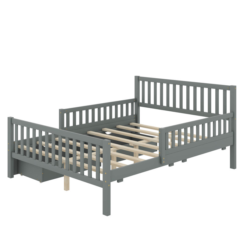 Lit plateforme double en bois avec garde-corps et 2 tiroirs, Gris