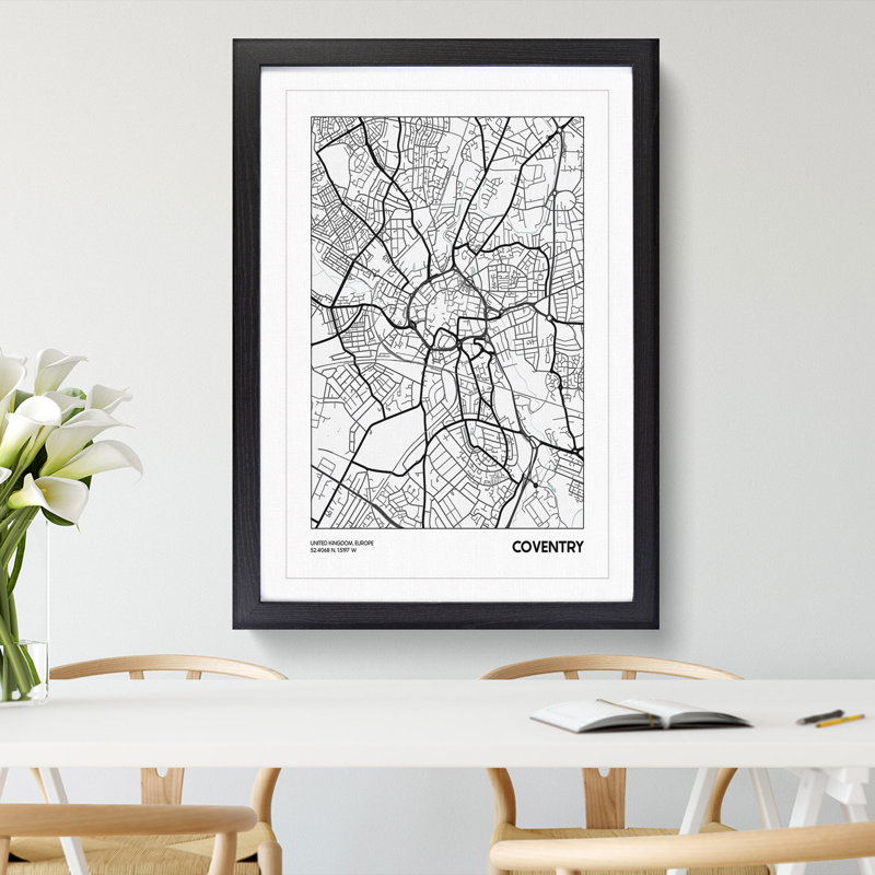 Map Coventry UK - Picture Frame Graphic Art, 36cm H x 27cm W x 2cm D, Black Framed