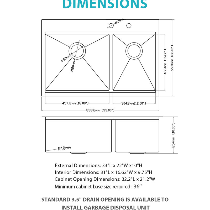 33"X22"X10" Topmount Drop - In Kitchen Sink, 16 Gauge T304 Stainless Steel Double Bowl  60/40 , Brushed Nickel, X Shaped Drain For Easy Maintenance, R10 Rounded Corner, Thick Coating, 3Mm Pad,
