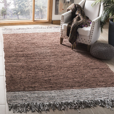 Exley Hand Woven Leather/Cotton Striped Rug in Brown