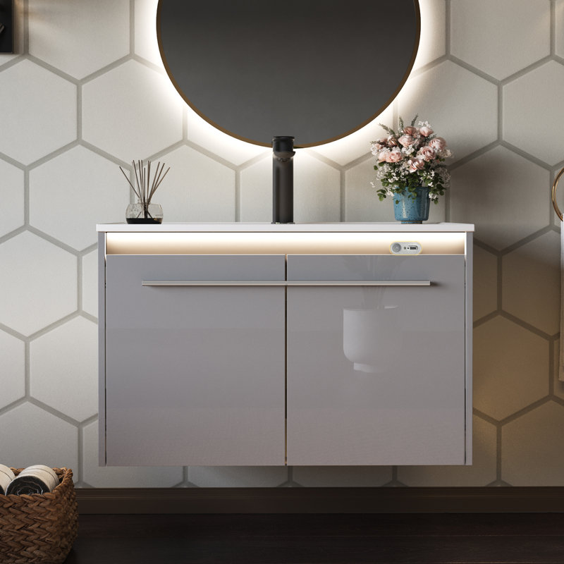  Ensemble de meuble-lavabo très brillant avec lavabo Ayanda, gris, Gris