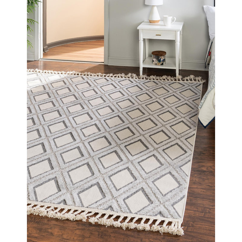 Tapis de couloir contemporain de couleur beige et gris Britnie26, Carré 9 pi 10 po