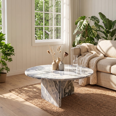 Table basse ronde Vitra 70 cm L x 70 cm P x 32 cm H, en marbre véritable bleu-gris poli et métal