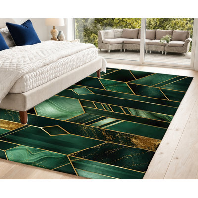 Tapis d'intérieur moderne à motif géométrique abstrait, lavable à la machine, avec envers antidérapant, motif marbre vert émeraude et or, idéal pour le salon, la chambre à coucher, la salle à manger ou le bureau.