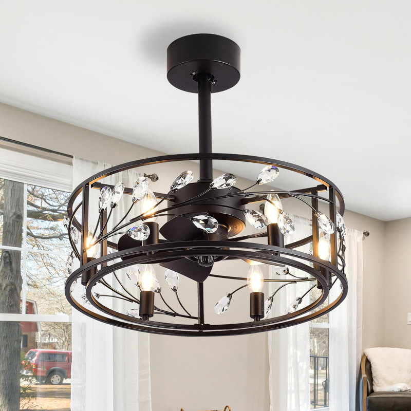 Sylvia 20" Caged Crystal Ceiling Fan With Remote Control and Light Kit Included, Black