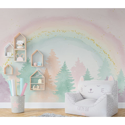 Rainbow Watercolor Forest Wallpaper Colorful Nursery Peel Stick Girl Room Wallpaper Nursery Self Adhesive Rainbow Nursery Decor Mural (Non-Woven) 902D