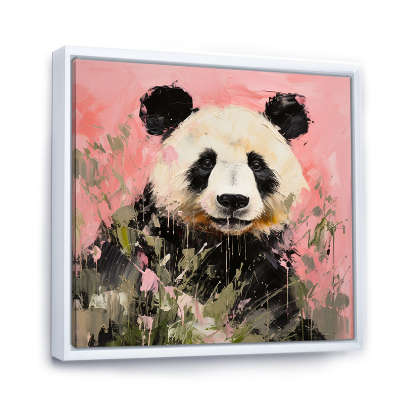 Panda blanc et rose en fleurs III - art mural animal panda, H 36 po x l 36 po x P 1,5 po, Cadre flottant blanc