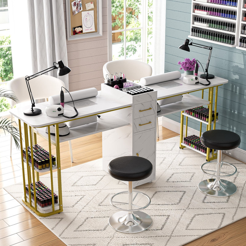 Flemings Double Position Nail Desk Professional Manicure Station with Dust Collector and Wrist Cushion, Drawer and Storage Shelf