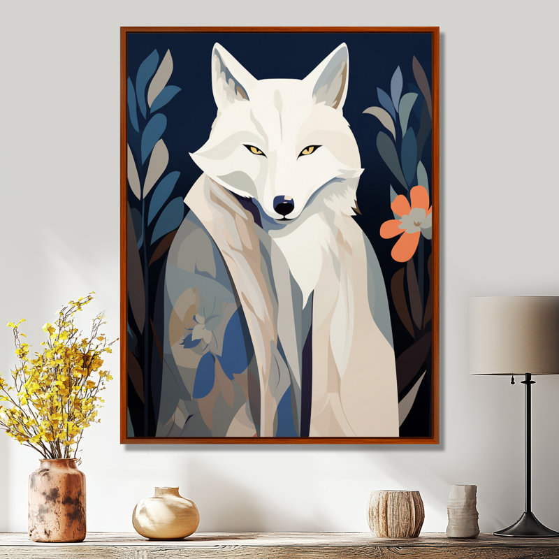 Gracieux renard mystérieux rétro Illustration - décoration murale animal renard, Toile brune avec cadre flottant