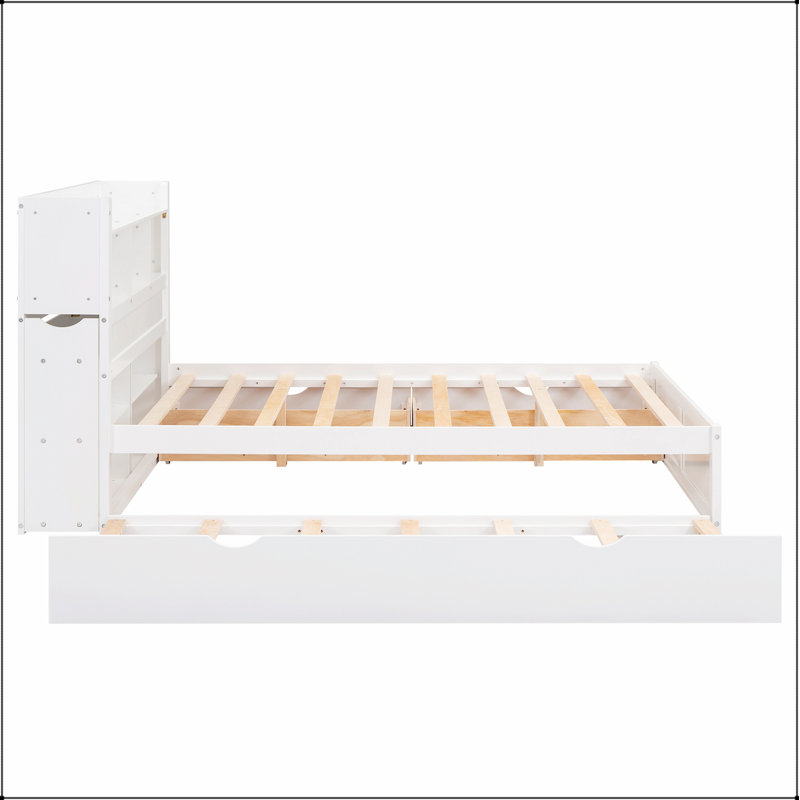 Lit plateforme avec rangement et tablettes coulissantes, gigogne et 2 tiroirs, Blanc, Bois manufacturé, bois massif