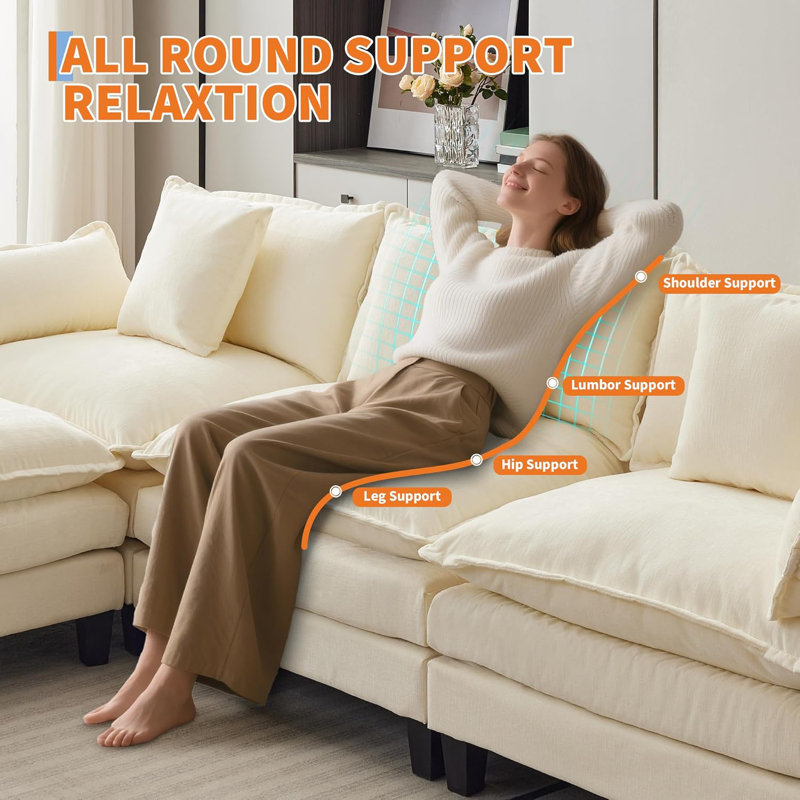 112" Modular Sectional Sofa, L-Shape Cloud Couch/Deep Seat/Armrest/Plush Corduroy Fabric, No Assembly Required, Space-Saving, 170 Pounds Boneless Compression Sleeper Sofa For Living Room