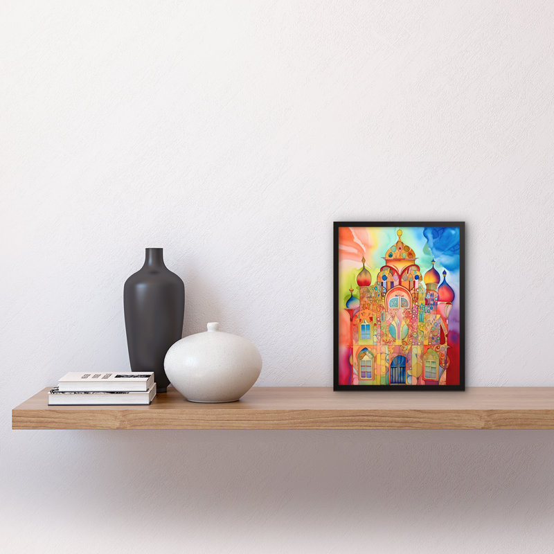 Jewish Synagogue Decorated Building Vibrant Folk Art Watercolour Painting Artwork Framed Wall Art Print 9X7 Inch