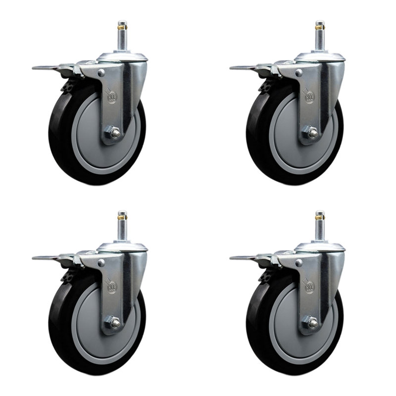 5 Inch Polyurethane Swivel 7/16 Inch Stem Caster Set with Total Lock Brake, Black