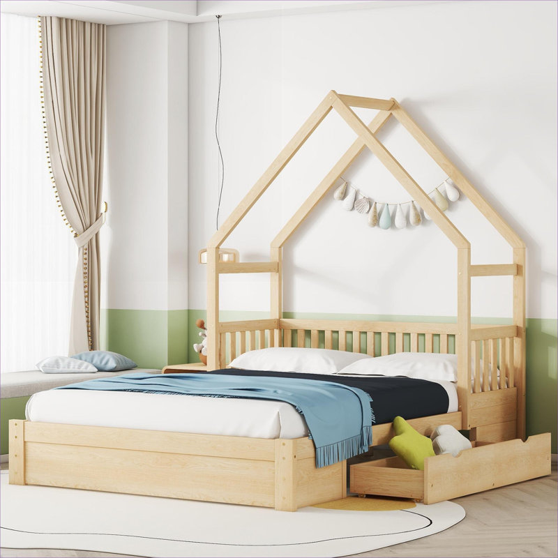 Queen Size House Platform Bed Solid Wood Construction Natural Wood Tone With Guardrail And Two Underbed Storage Drawers