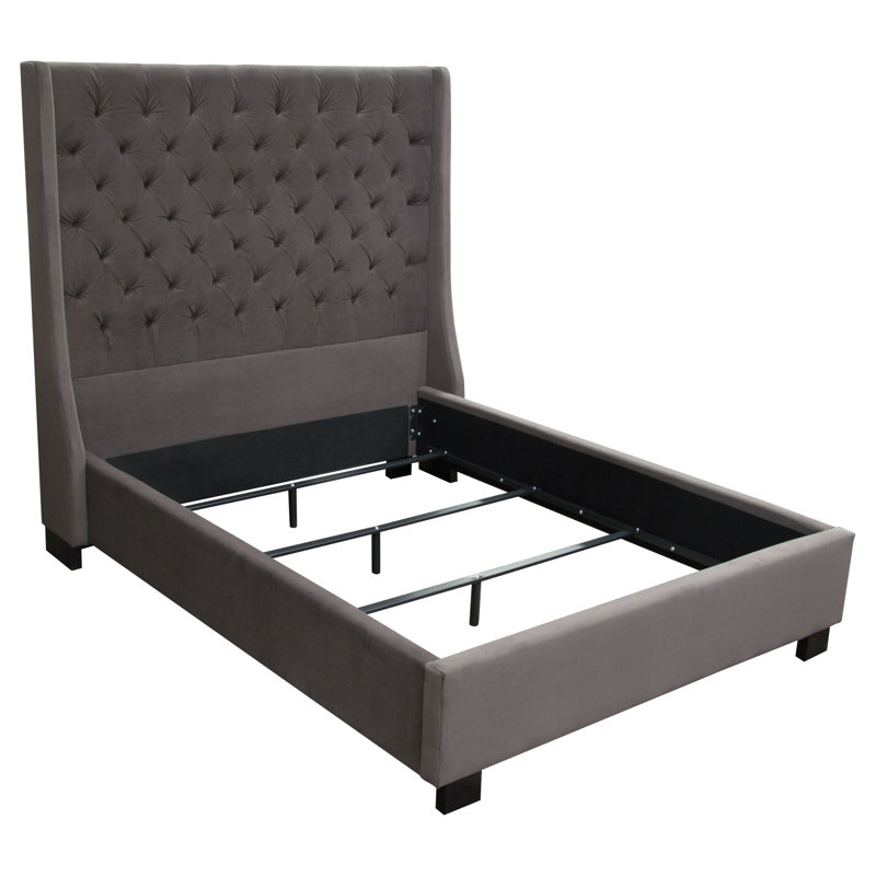Park Avenue Queen Tufted Bed With Vintage Wing In Smoke Grey Velvet, Queen