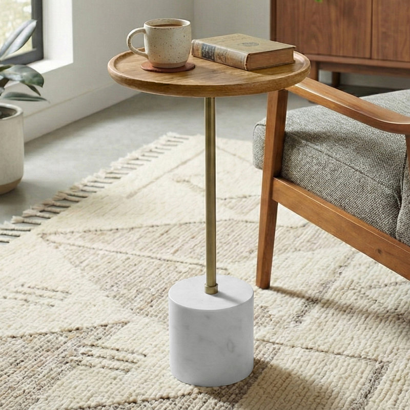 Turner 12"W Solid Mango Wood Top Modern Side Table With Genuine Marble And Iron Base, Natural