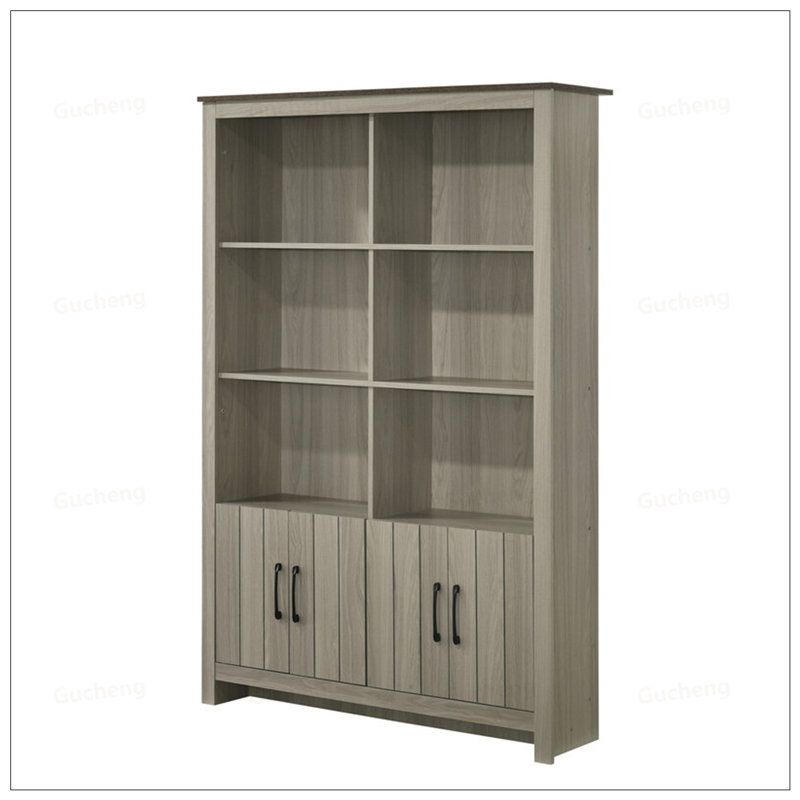 Bibliothèque élégante avec portes d'armoire, rangement spacieux et finition noyer pour un décor moderne.