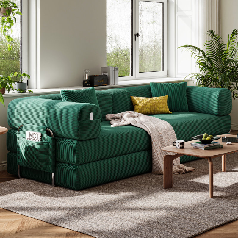 Canapé-lit 78,7 po en velours côtelé vert, canapé de salon compact, canapé convertible 5 en 1 avec 2 coussins, aucun assemblage requis, canapé sans os, tissu amovible pour animaux de compagnie