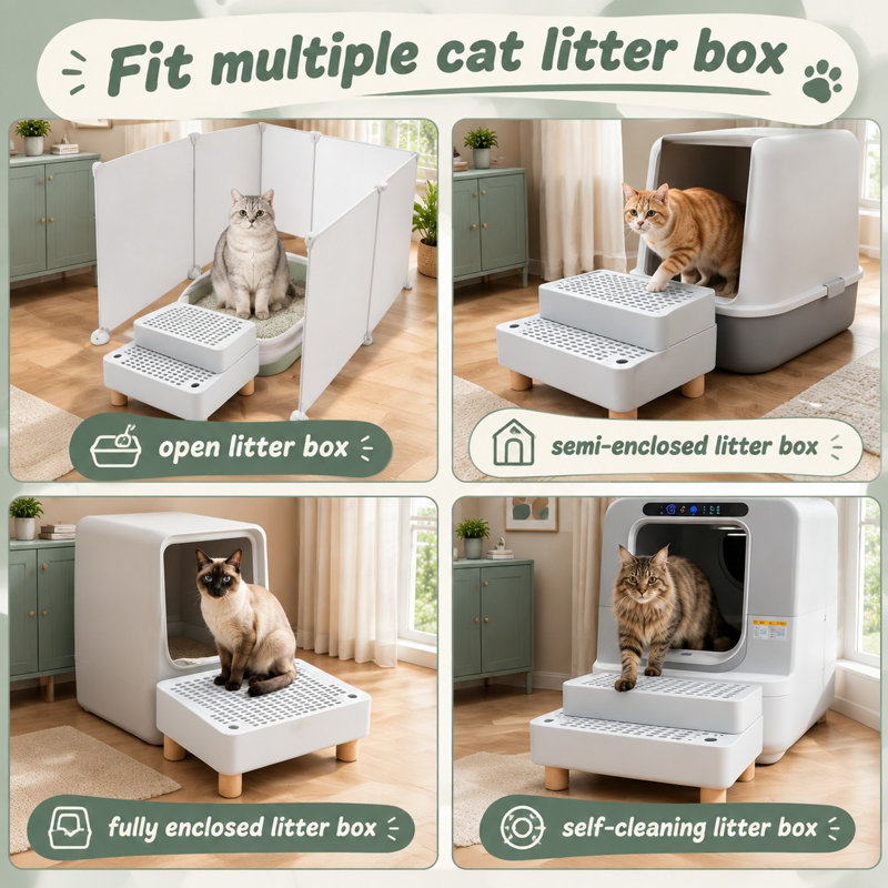 Rampe surélevée grise à 2 marches pour bac à litière avec marches détachables et récupérateur de litière ; hauteurs de 12/17 cm, base en bois antidérapante, ABS étanche, pour chatons et chats âgés