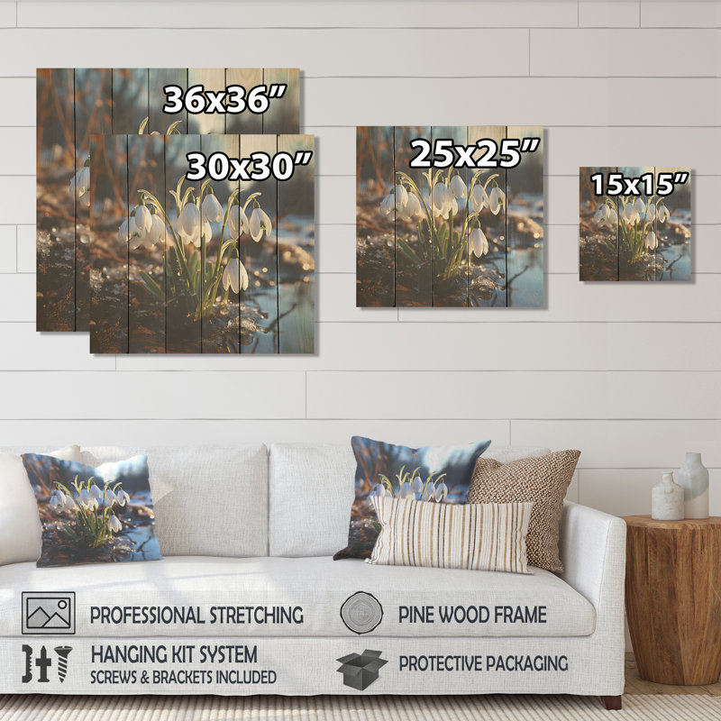 Morning Hush Snowdrops en blanc silencieux IV - Snowdrops On Wood Print, H 25 po x l 25 po