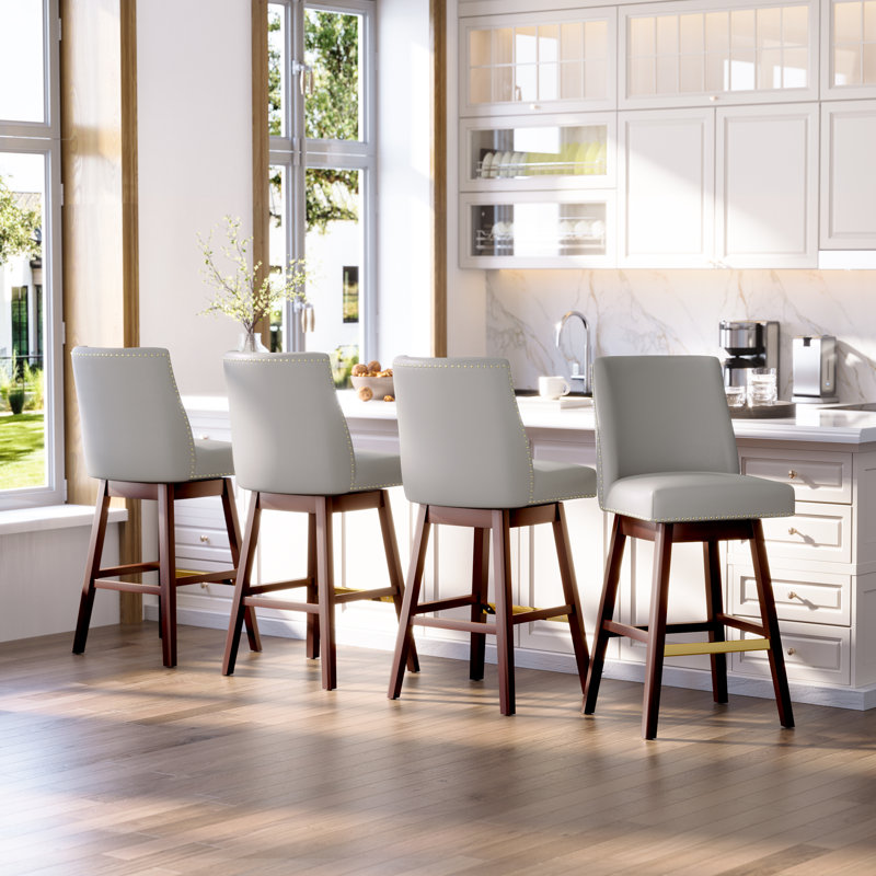 Eriqa Swivel 30.6'' Bar Stool, Light Gray, Light Gray Faux Leather