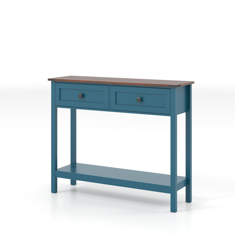 Farmhouse Style Console Table with 2 Drawer and Bottom Storage Shelf for Entryway, Rustic Side Table with Storage Drawer and Shelf for Living room, Hallway(Pagoda Blue)