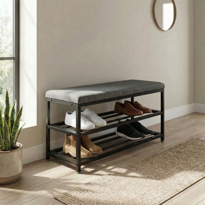 Banc de rangement rembourré avec range-chaussures à 2 niveaux 32 po x 13 po x 20 po | Gris anthracite