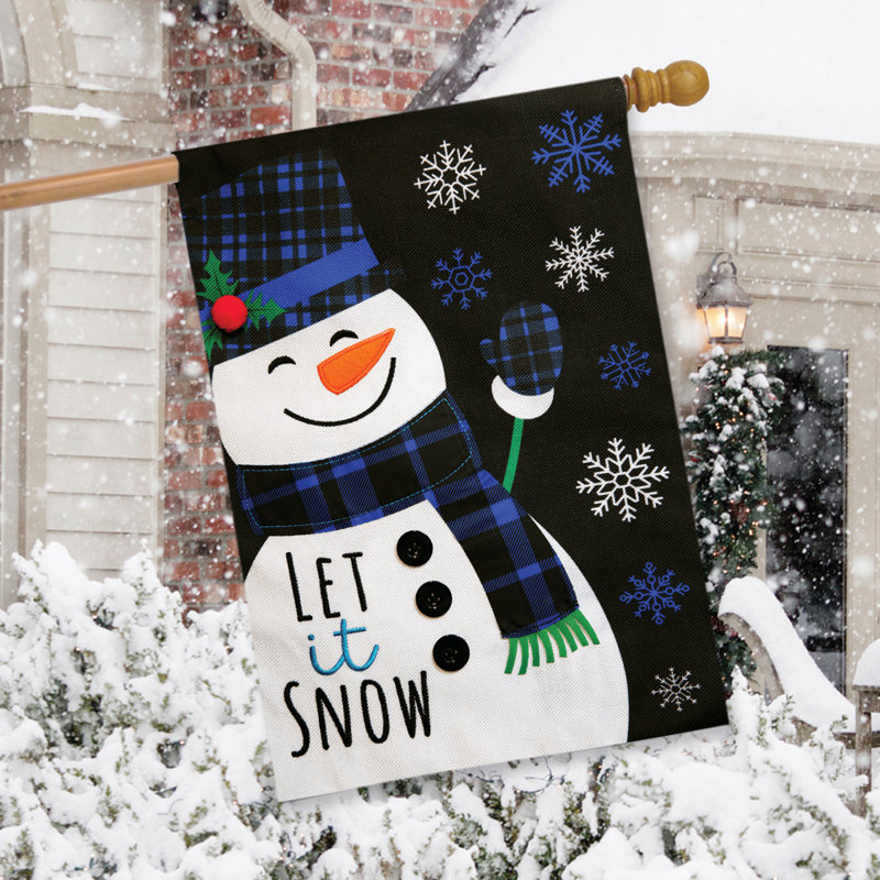 Blue Checkered Snowman Burlap House Flag