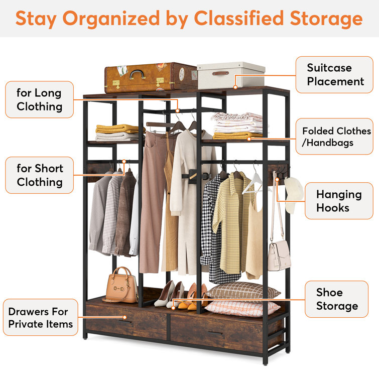 Tribesigns Freestanding Closet Organizer with 2 Drawers, 71''H Heavy Duty  Garment Rack with Shelves and 6 Hooks, Wardrobe Clothes Rack for Bedroom,  Rustic Brown