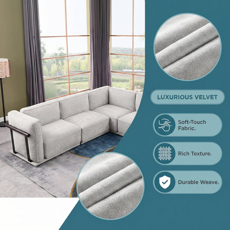 Canapé modulaire en chenille de 120 pouces (5 places) en fer avec coussins rembourrés, idéal pour les salons modernes gris clair