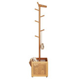 Freestanding Wood Coat Rack with 5 Hooks and Storage Basket