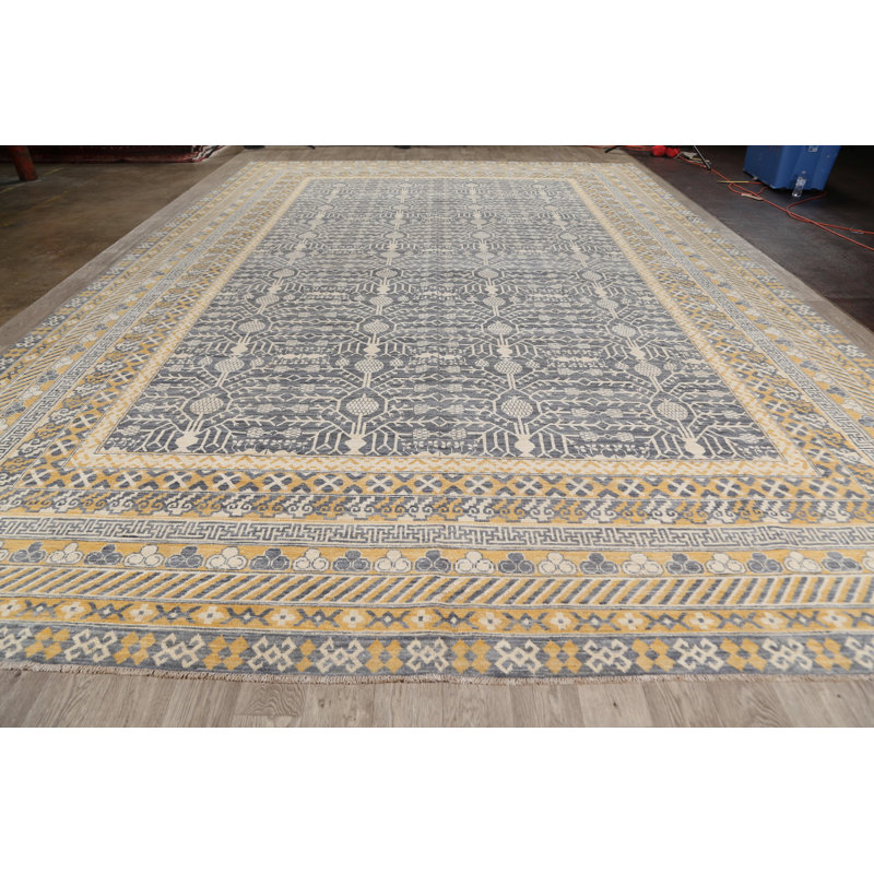 Tapis décoratif en laine brun clair/bleu 12 pi 2 po x 17 pi 11 po noué à la main New Age Khotan