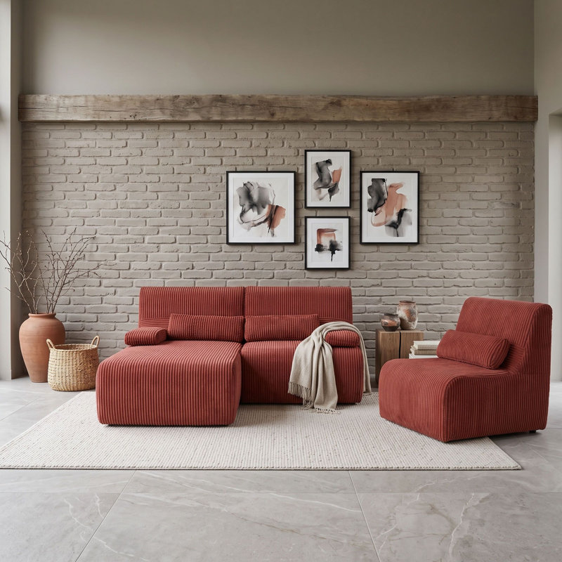 Canapé d'angle modulaire en forme de L 3 places avec assise ergonomique incurvée, coussins d'accoudoirs et oreillers, Rouge