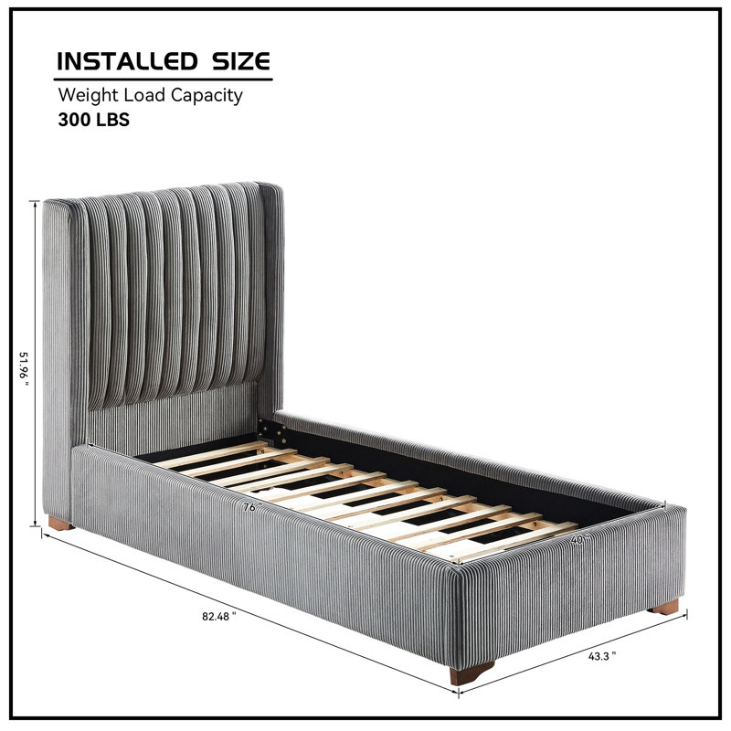 Structure de lit simple gris foncé avec tête de lit en velours côtelé et lattes en bois pour un repos décontracté, sans sommier tapissier