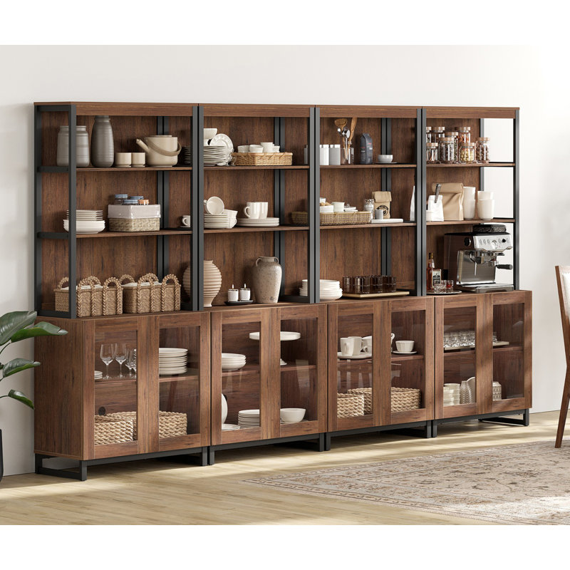 Buffet 4 pièces 72 "avec portes en verre et tablettes réglables, armoire multifonctionnelle avec rangement et tablettes ouvertes pour la salle à manger ou la cuisine